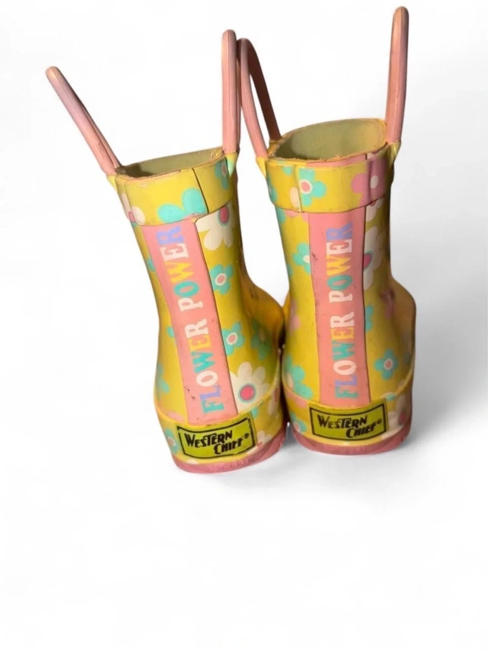 Western Chief Yellow Floral Rain Boots with Pink Pull Tabs